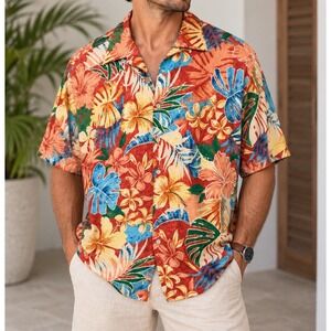 Burma Bibas 100% Silk Hawaiian Shirt Men’s L Tropical Floral Aloha